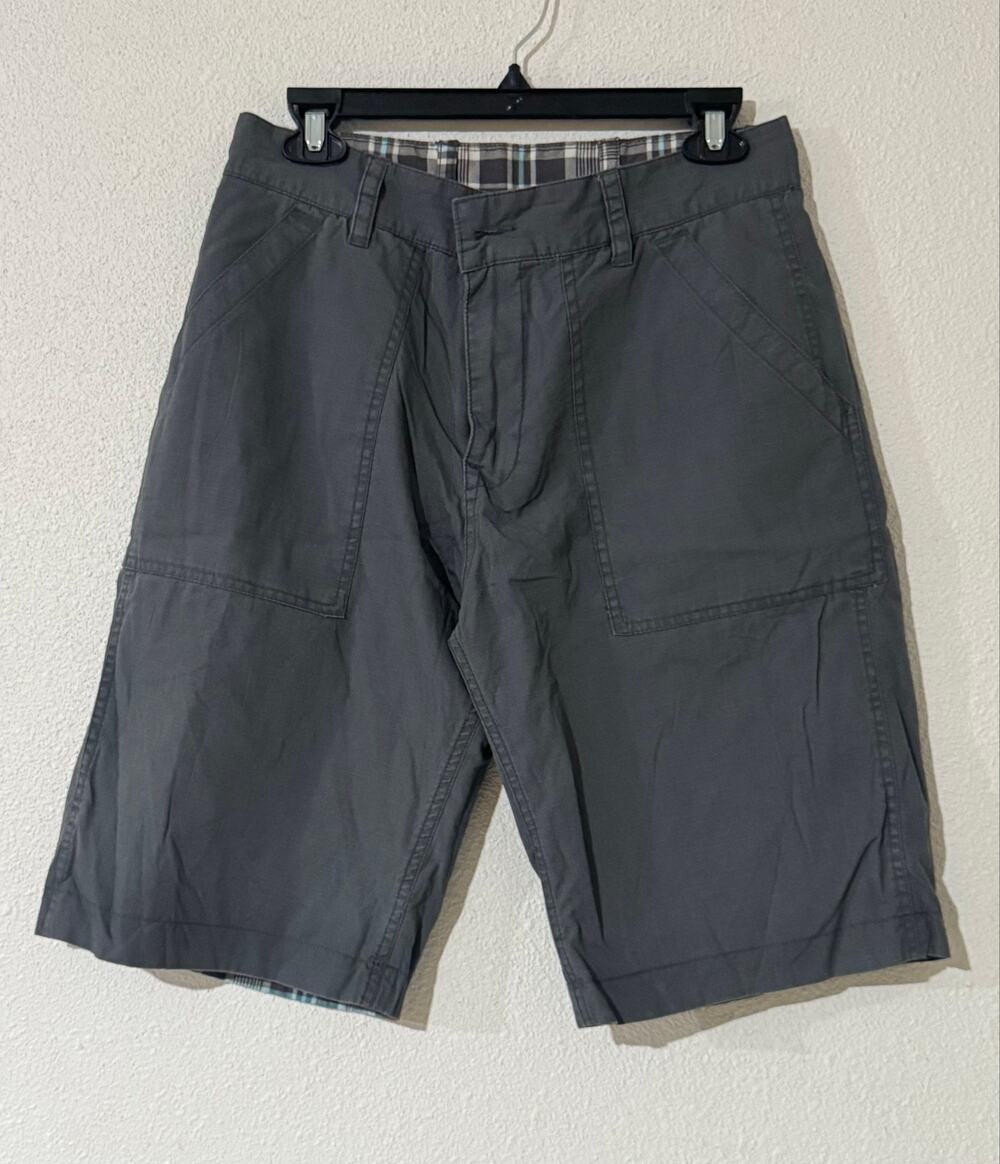 Boys Reversible Plaid to Solid Charcoal Gray Utility Chino Shorts - Waist 29"